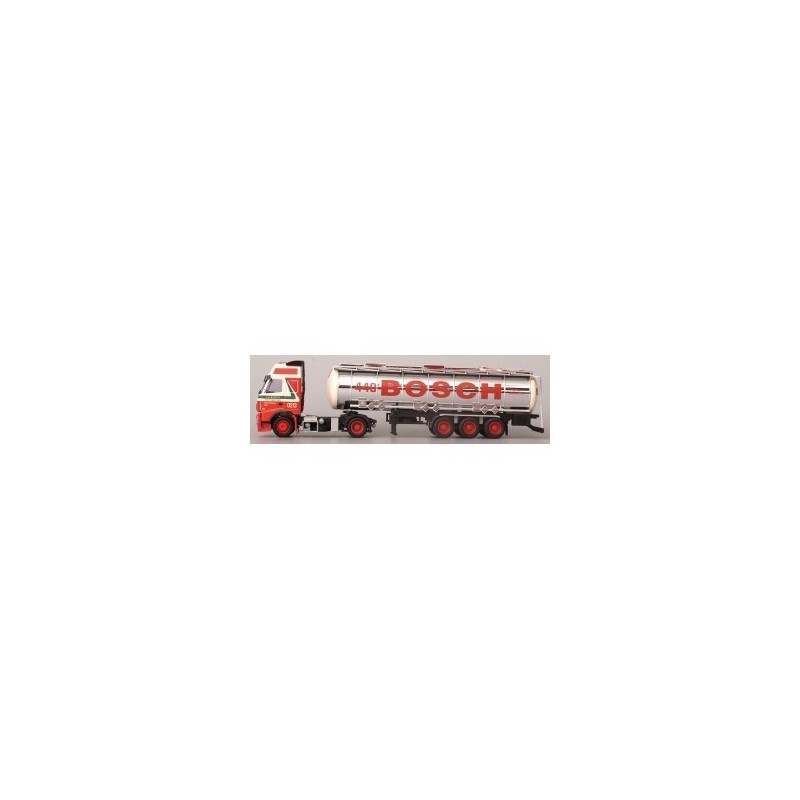 Model redukcyjny Volvo "NEU" XL - (H)Tank-SZ, skala 1:87, AWM. Czerwony ciągnik siodłowy z białą cysterną, logo BOSCH.