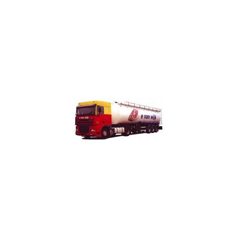Model DAF XF 95 SC - Kippsilo-SZ, skala 1:87, AWM, czerwono-żółty z naczepą, logo "e van wijk".