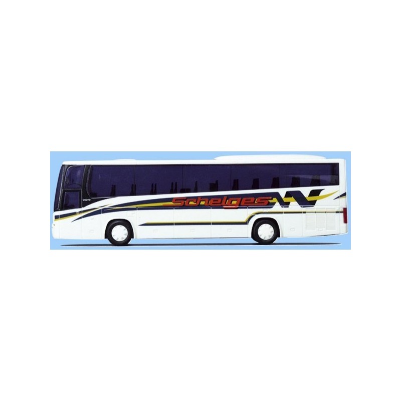 Model redukcyjny Volvo 9900, skala 1:87, AWM. Biały autobus z czerwono-żółtym malowaniem, logo Schadeg.