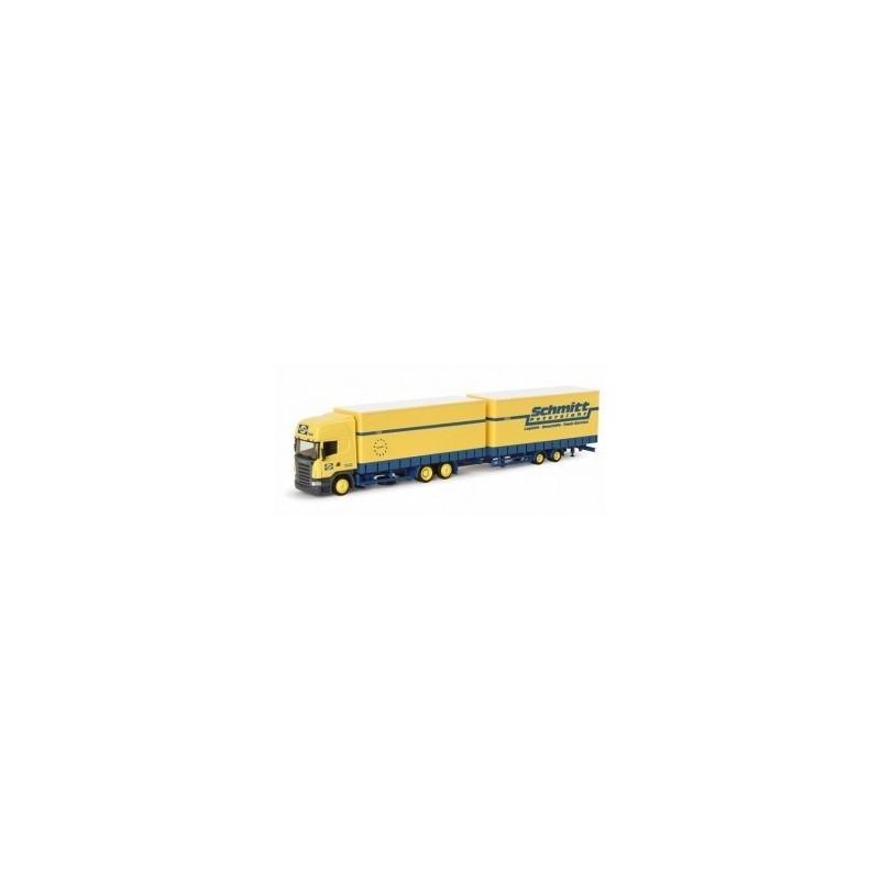 Model Scania R TL "Schmitt Peterslahr" Herpa, skala 1:87, z naczepą, malowanie żółto-niebieskie.