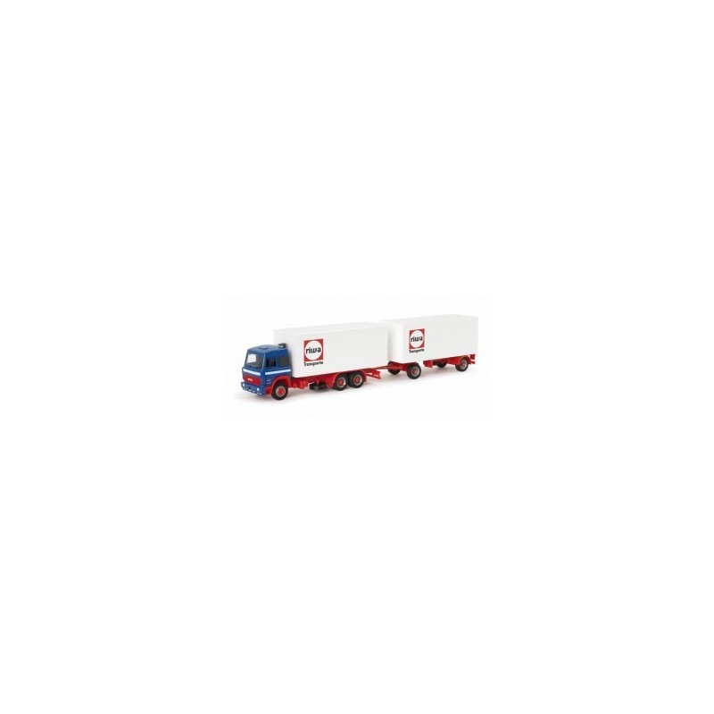 Model Iveco TS box trailer "Riwatrans" Herpa, skala 1:87, biały kontener, logo Riwatrans.