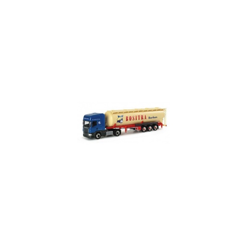Model Scania R TL "Bositra" w skali 1:87, Herpa. Ciężarówka z cysterną, malowanie Bositra Borken.