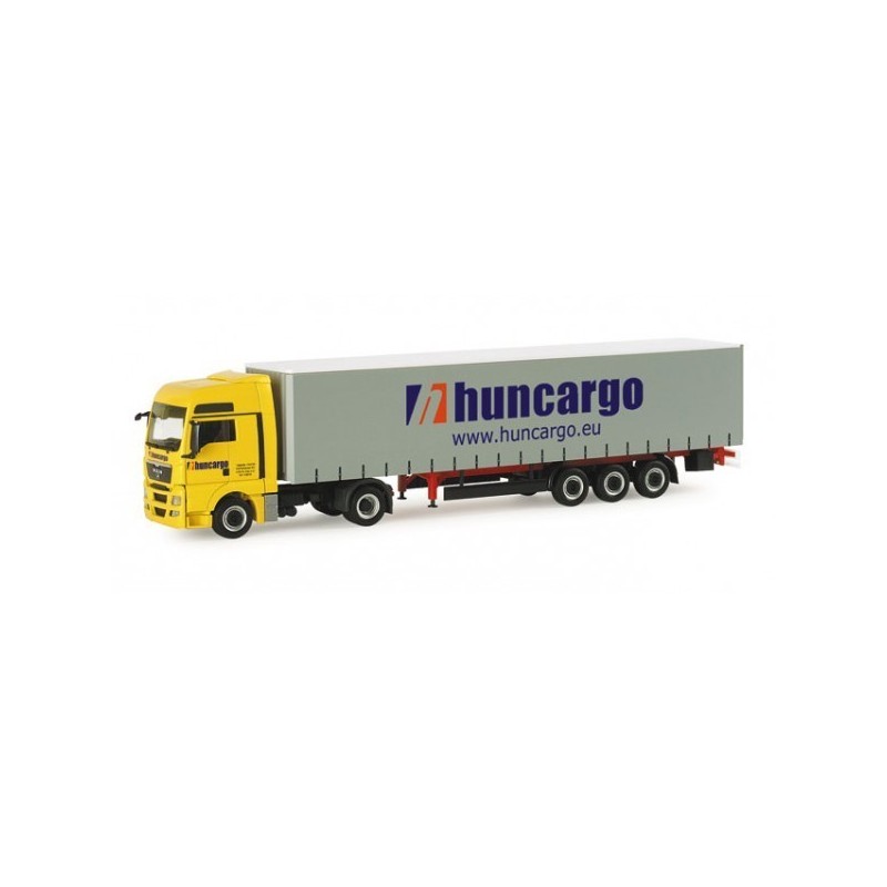 Model redukcyjny MAN TGX z naczepą kurtynową "Huncargo", skala 1:87, Herpa. Żółto-szary kolor, logo Huncargo.