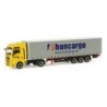 Model redukcyjny MAN TGX z naczepą kurtynową "Huncargo", skala 1:87, Herpa. Żółto-szary kolor, logo Huncargo.