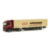 Model redukcyjny Mercedes Benz Actros L "WWE. TH Hoevelmann", skala 1:87, Herpa. Czerwony ciągnik siodłowy z naczepą.