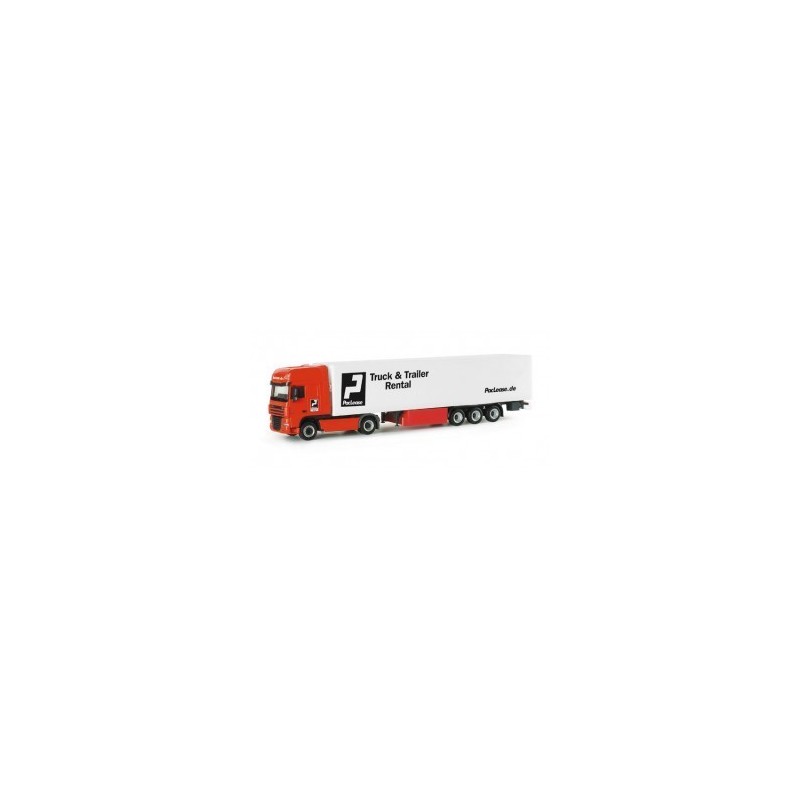 Model DAF XF 105 SSC Paclease, skala 1:87, Herpa. Czerwony ciągnik, biała naczepa z logotypem Paclease.