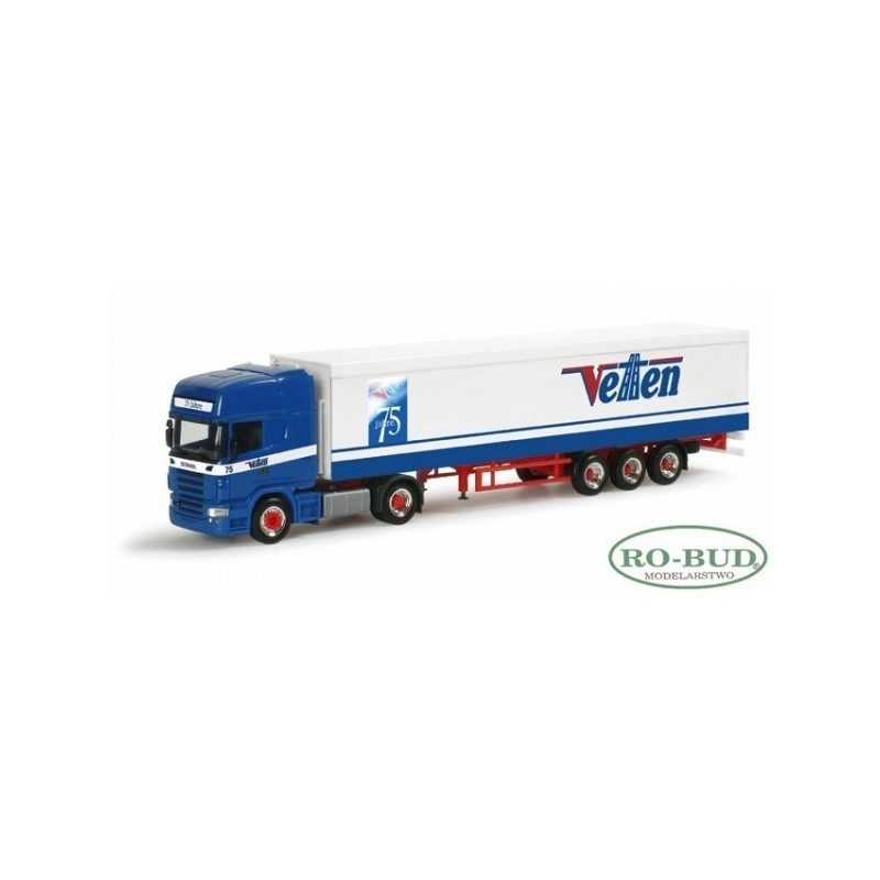 Model redukcyjny Scania R TL "Vetten", skala 1:87, Herpa. Niebieska i biała naczepa z logo Vetten.