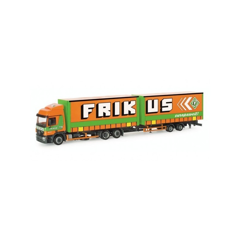 Model redukcyjny Mercedes-Benz Actros L "Frikus", skala 1:A, Herpa. Zielono-pomarańczowy, naczepa z logo.