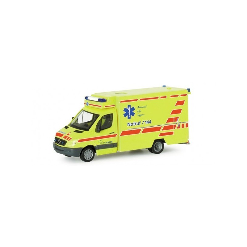 Model redukcyjny karetki Mercedes-Benz Sprinter, skala 1:87, Herpa. Żółty z czerwonymi pasami, logo Spital Uster.
