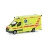 Model redukcyjny karetki Mercedes-Benz Sprinter, skala 1:87, Herpa. Żółty z czerwonymi pasami, logo Spital Uster.