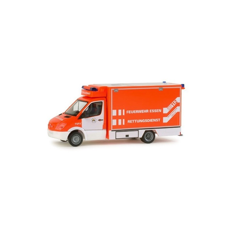 Model redukcyjny Mercedes-Benz Sprinter RTW "Essen fire department", skala 1:87, Herpa. Pomarańczowo-biały, oznaczenia straży po