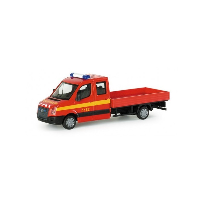 Model redukcyjny VW Crafter pick-up, skala 1:87, Herpa. Czerwony, z sygnałem świetlnym, oznaczenie "112".