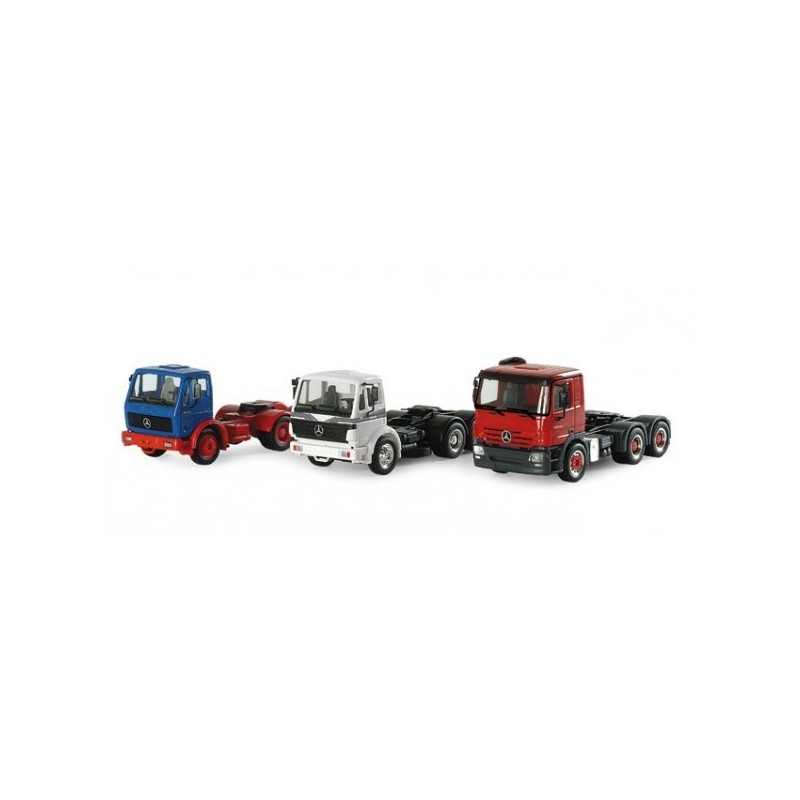Zestaw ciągników siodłowych Mercedes-Benz, skala 1:87, Herpa. Niebieski, srebrny i czerwony.