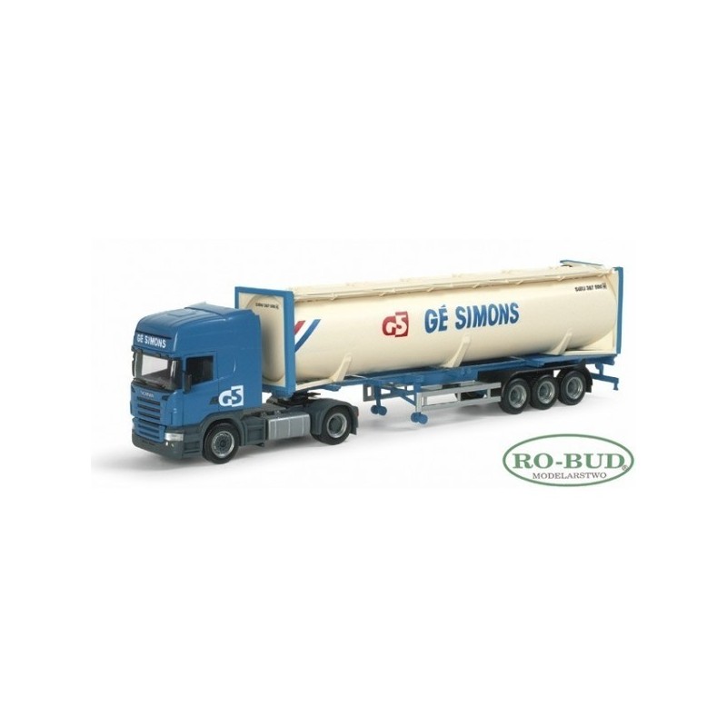Model Scania R TL "GE Simons" Herpa, skala 1:87, z białą cysterną i niebieskim kabotem.