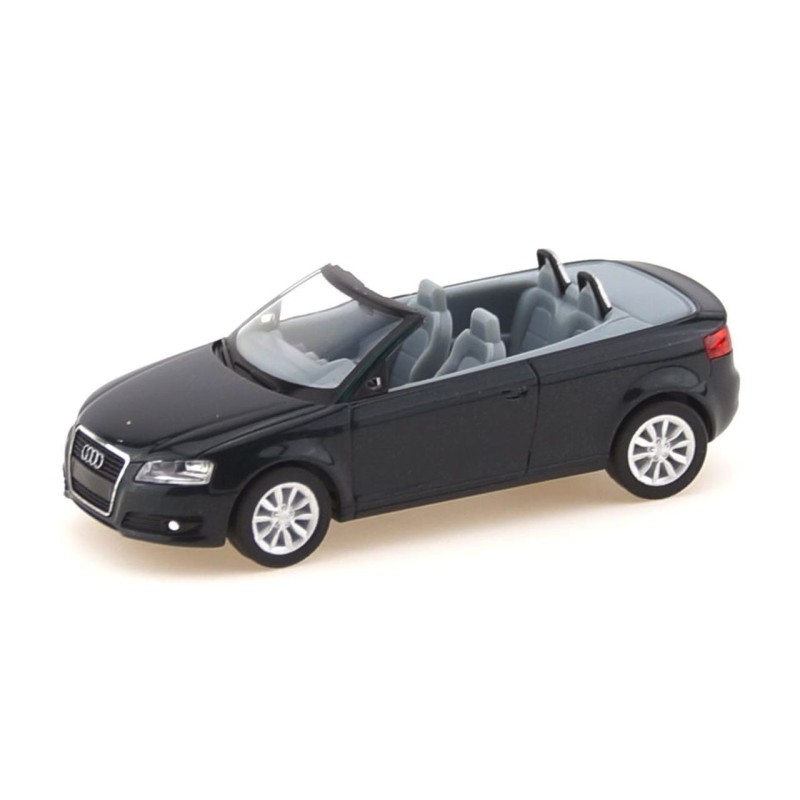 Model Audi A3 convertible, skala 1:87, Herpa. Czarny kabriolet z szarym wnętrzem.