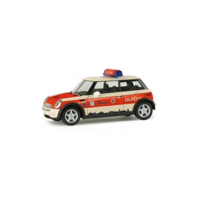 Model redukcyjny Mini Cooper "Giessen rescue service", skala 1:87, Herpa. Czerwono-biały, z sygnalizacją świetlną, oznaczenia OL