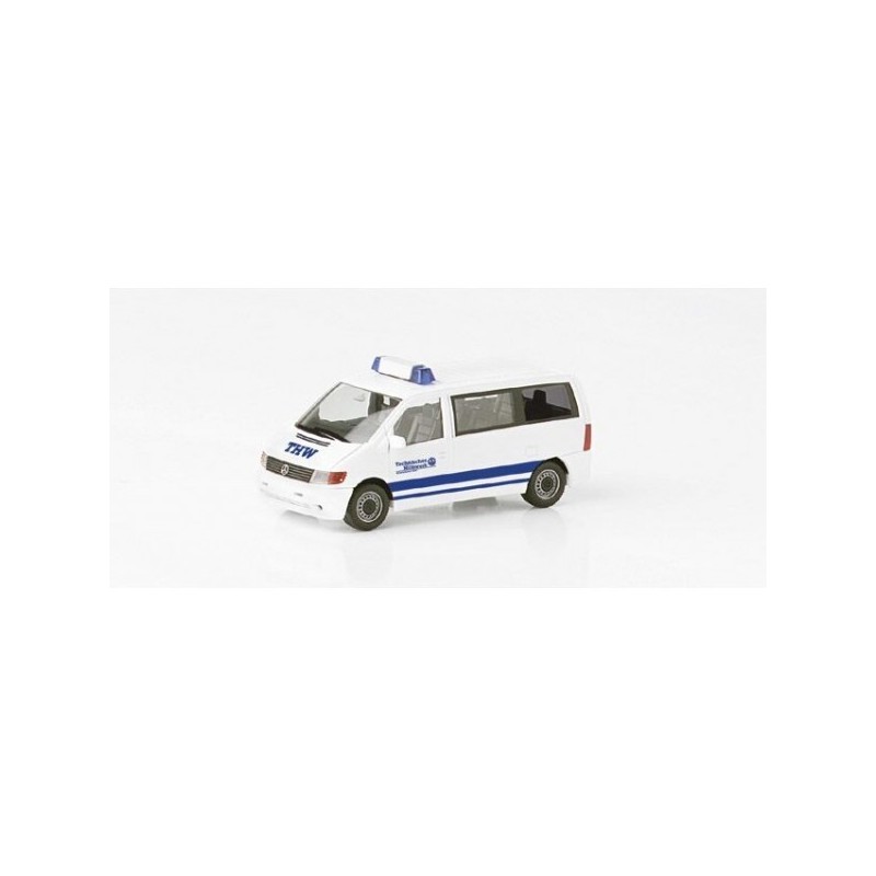 Model redukcyjny Mercedes Benz Vito "THW BÄĽźhl", skala 1:87, Herpa. Biały z niebieskimi pasami.