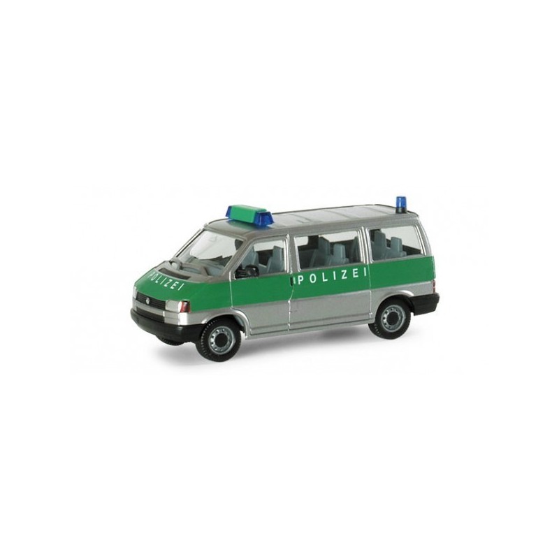 Model VW T4 policji Dolnej Saksonii, skala 1:87, Herpa. Srebrny z zielonymi wstawkami i napisem Polizei.
