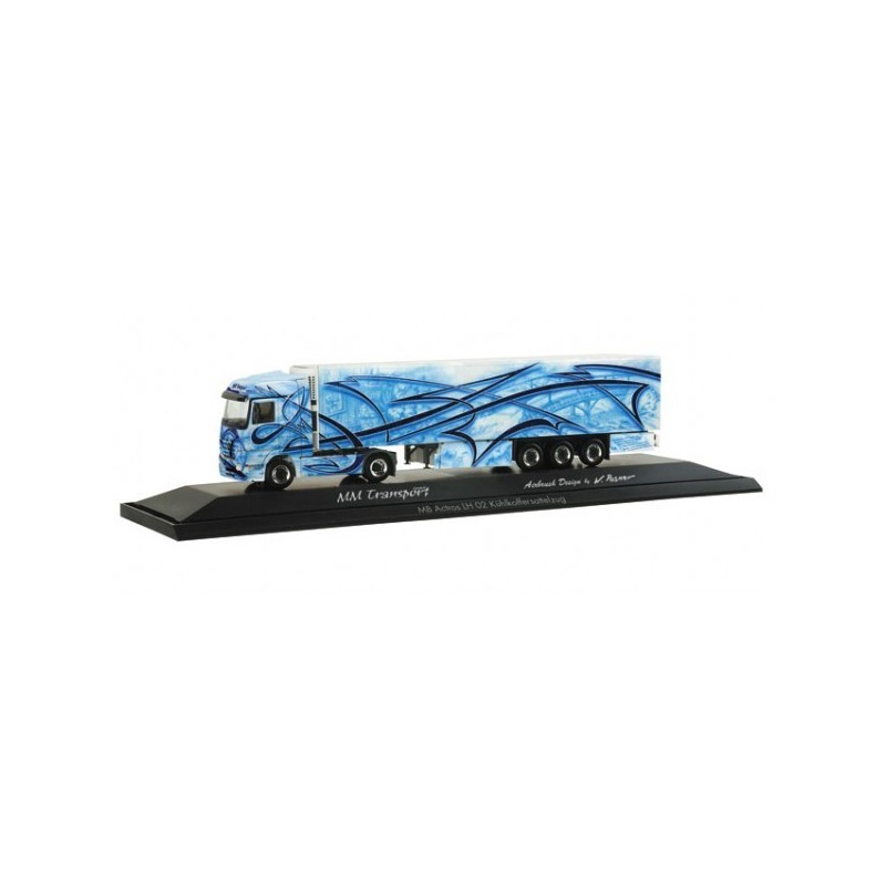Mercedes-Benz Actros LH "MM Transporte", skala 1:87, Herpa. Malowanie w kolorach niebieskim i czarnym z logo MM Transporte.