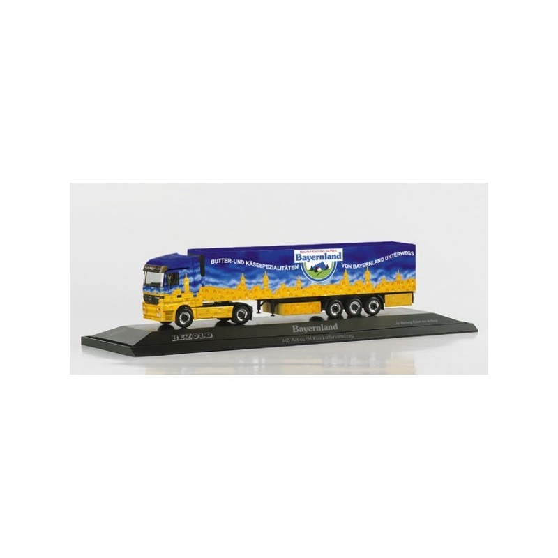Herpa, Mercedes-Benz Actros LH "Bayernland", 1:87, z naczepą w kolorach żółtym i niebieskim.