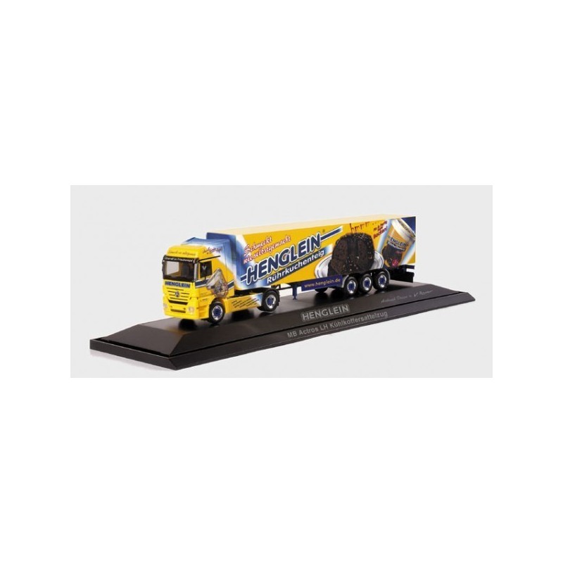 Model redukcyjny Mercedes-Benz Actros, skala 1:87, Herpa. Żółto-niebieska ciężarówka z naczepą, logo "Henglein".