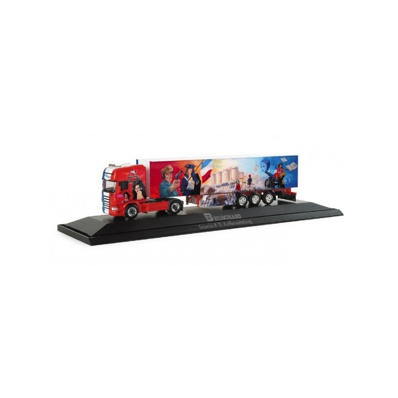 Model redukcyjny Scania R TL "La Revolution", skala 1:87, Herpa. Czerwona ciężarówka z naczepą i grafiką.