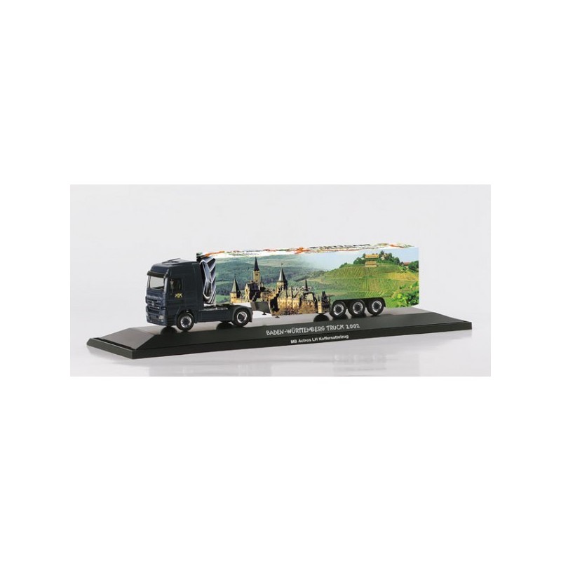 Model redukcyjny Mercedes-Benz Actros, skala 1:87, Herpa. Czarny, z naczepą "Baden-Wuerttemberg".