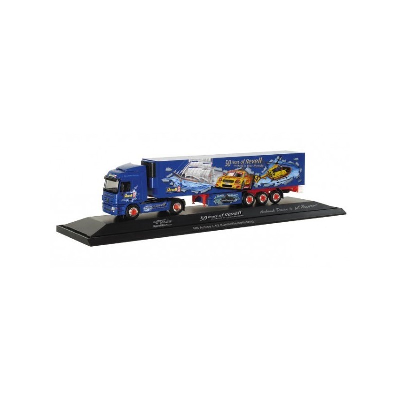Model redukcyjny Mercedes-Benz Actros L 02, skala 1:87, Herpa. Niebieska ciężarówka z naczepą, 50-lecie Revell.