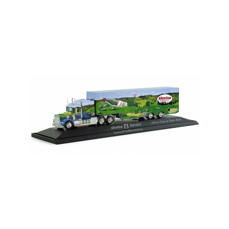 Model redukcyjny Kenworth Förstina, skala 1:87, Herpa. Niebieska ciężarówka z naczepą, logo Förstina.