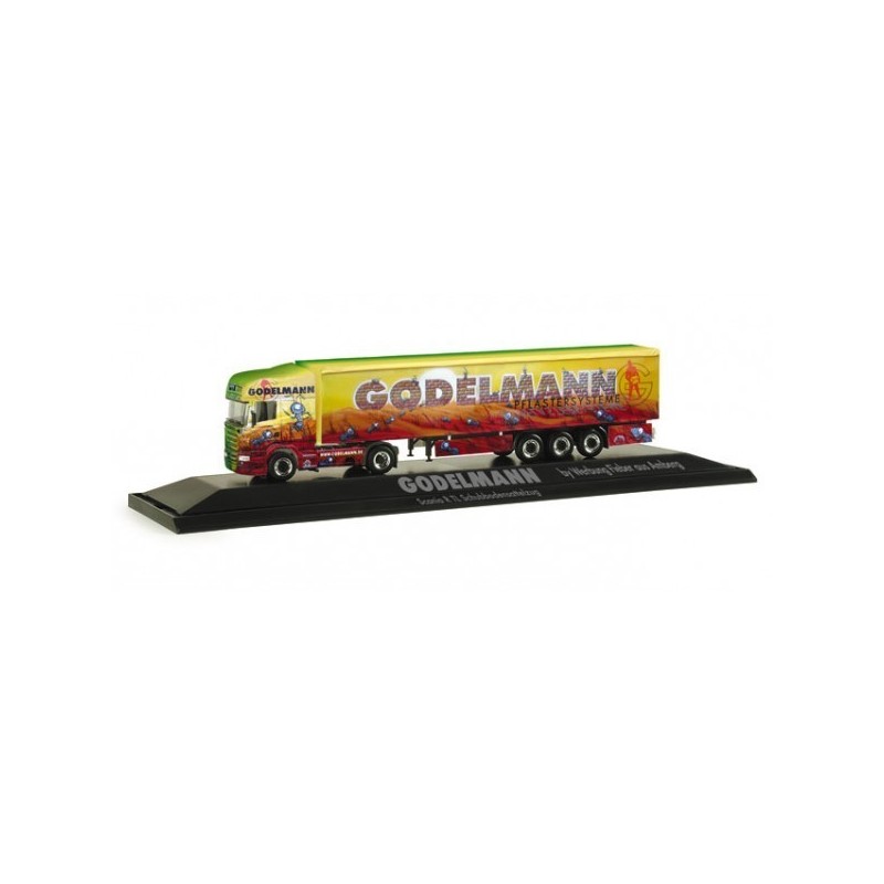 Model Scania R TL "Godelmann" w skali 1:87, Herpa. Czerwono-żółty, z logotypem Godelmann.