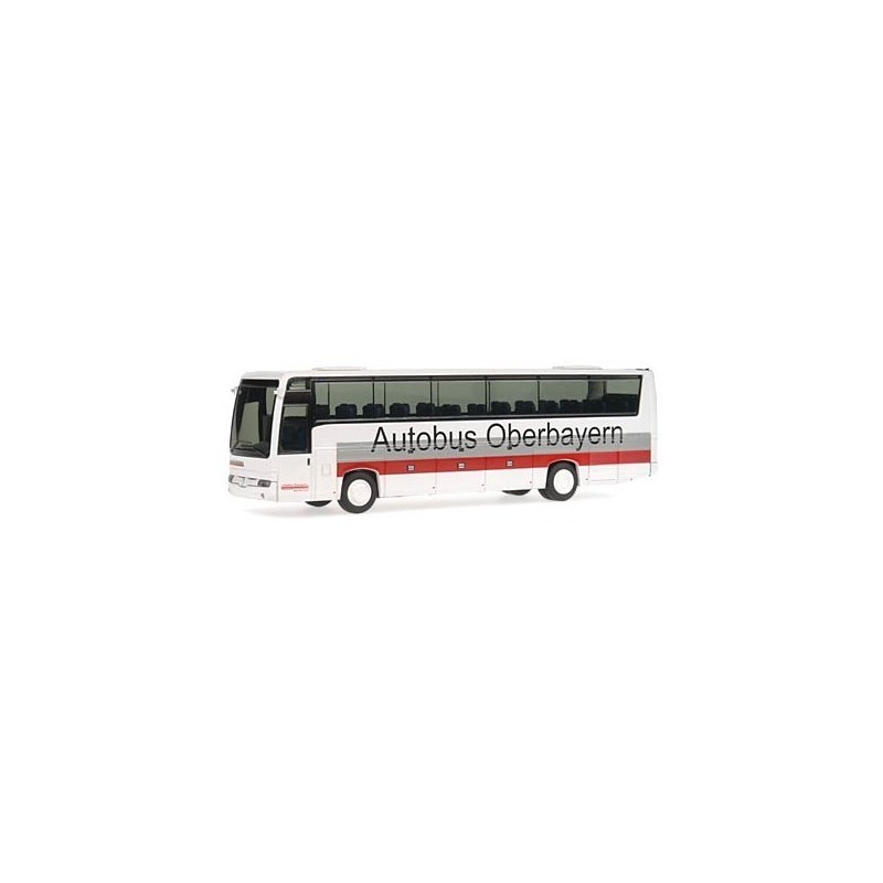 Model redukcyjny RENAULT Iliade Autobus Oberbayern, skala 1:87. Biały autobus z czerwono-szarym paskiem.