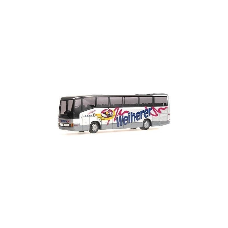 Model redukcyjny autobusu MERCEDES-BENZ O 404 RHD, skala 1:87, Weiherer Rehau, biało-szary z logo.