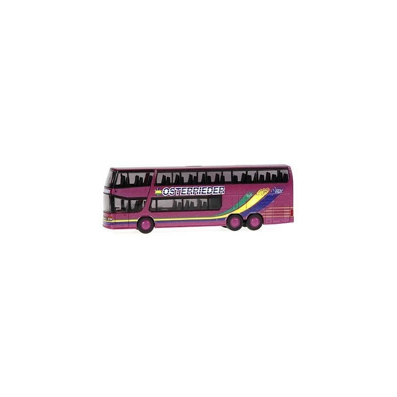 Model SETRA S 328 DT Osterrieder, skala 1:87, Wemding. Czerwono-fioletowy autobus dwupiętrowy z malowaniem Osterrieder.