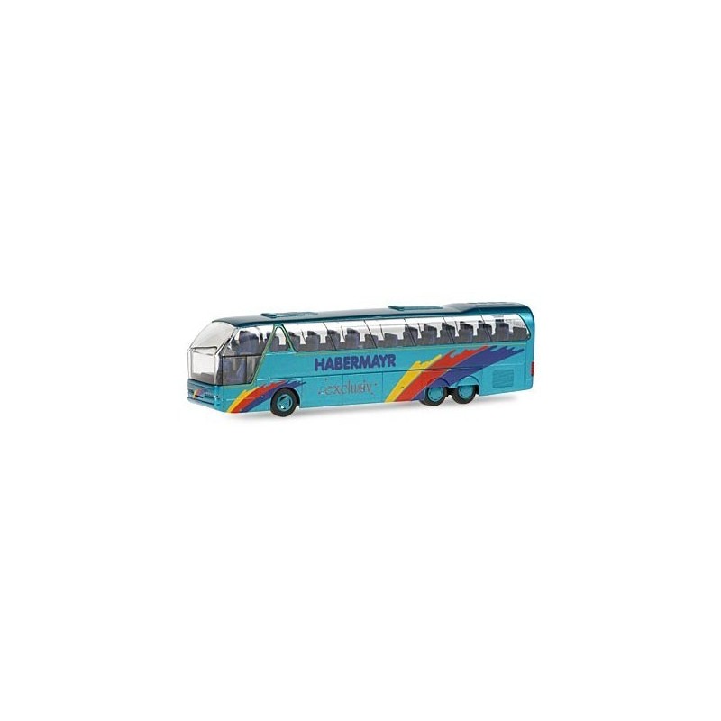 Model redukcyjny NEOPLAN Starliner SHDL, skala 1:87, Habermayr, Neuburg. Błękitny autobus z kolorowymi pasami.