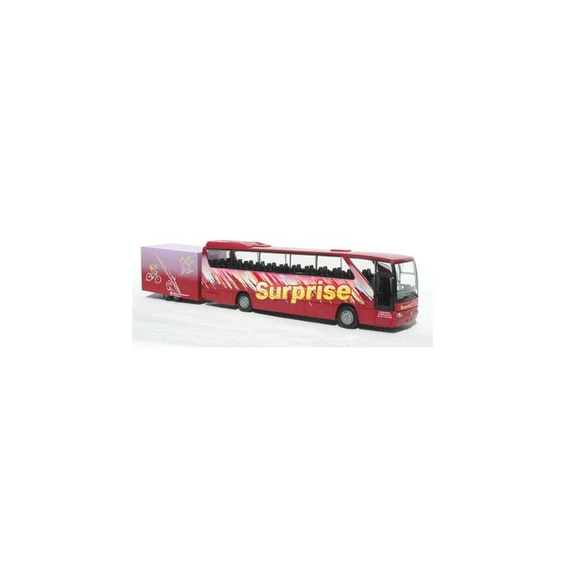 Model redukcyjny autobusu Mercedes-Benz O 350 Surprise, skala 1:87, Rietze. Czerwony, z naczepą.