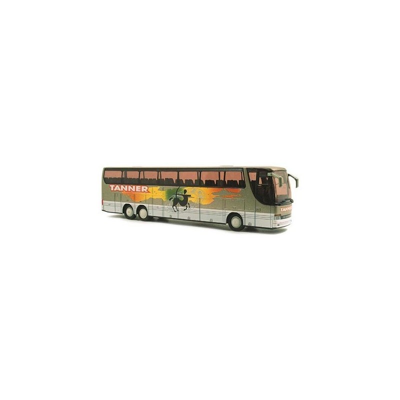 Model redukcyjny autobusu SETRA S 317 HDH/3 Tanner, skala 1:87. Zielono-biały z grafiką jeźdźca.