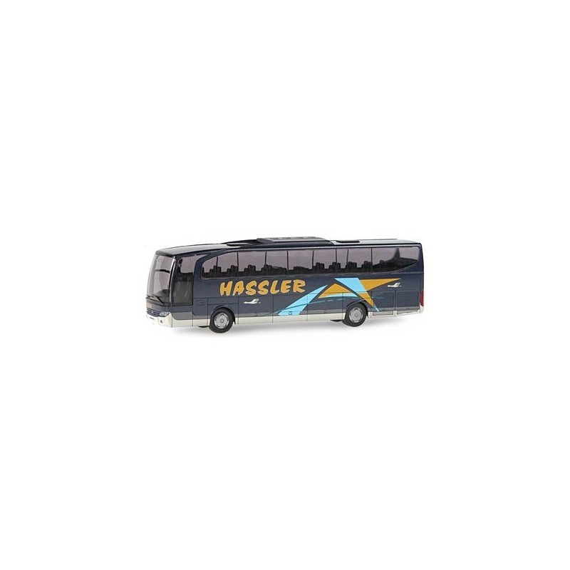 Model redukcyjny MERCEDES Travego, skala 1:87, Hassler. Ciemny kolor, logo Hassler, geometryczne wzory.