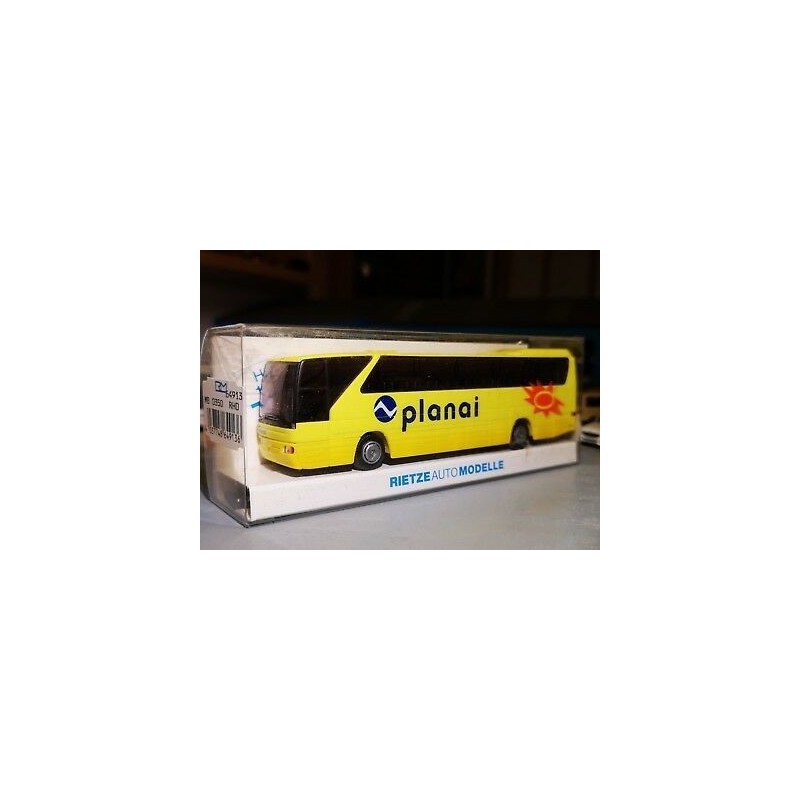 Model autobusu Planai, skala 1:87, Rietze. Żółty, z logo planai i czerwonym słońcem.