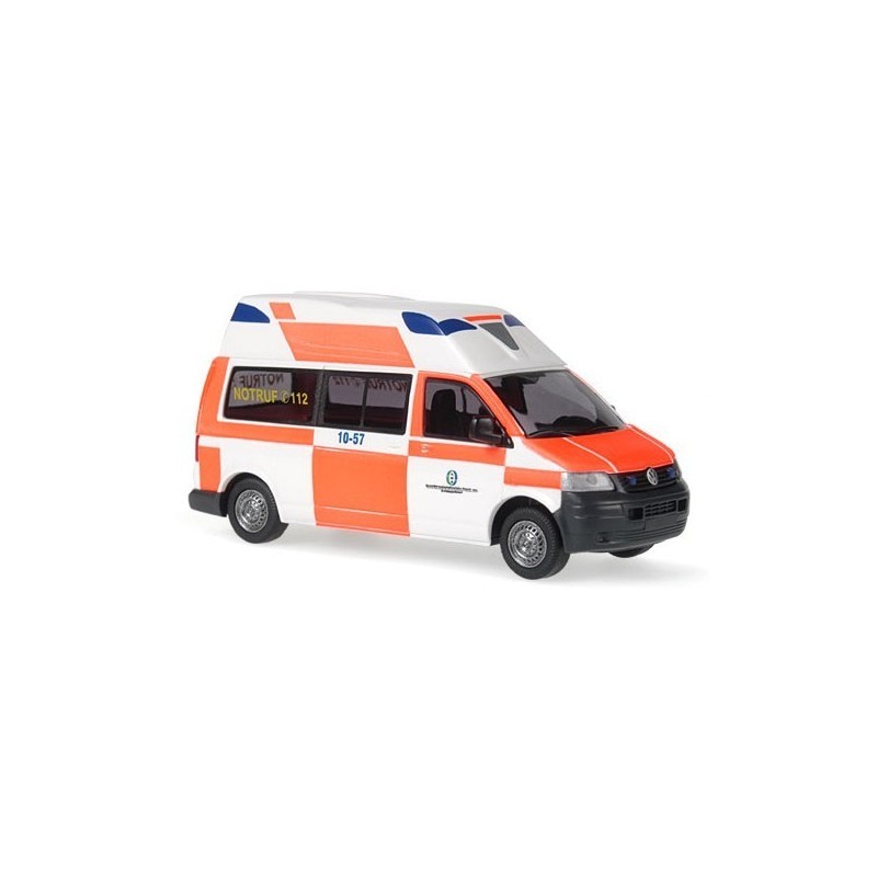 Model redukcyjny VW T5, skala 1:8, Hornis. Biały i pomarańczowy ambulans z logotypem "Rettungsdienst Goslar".
