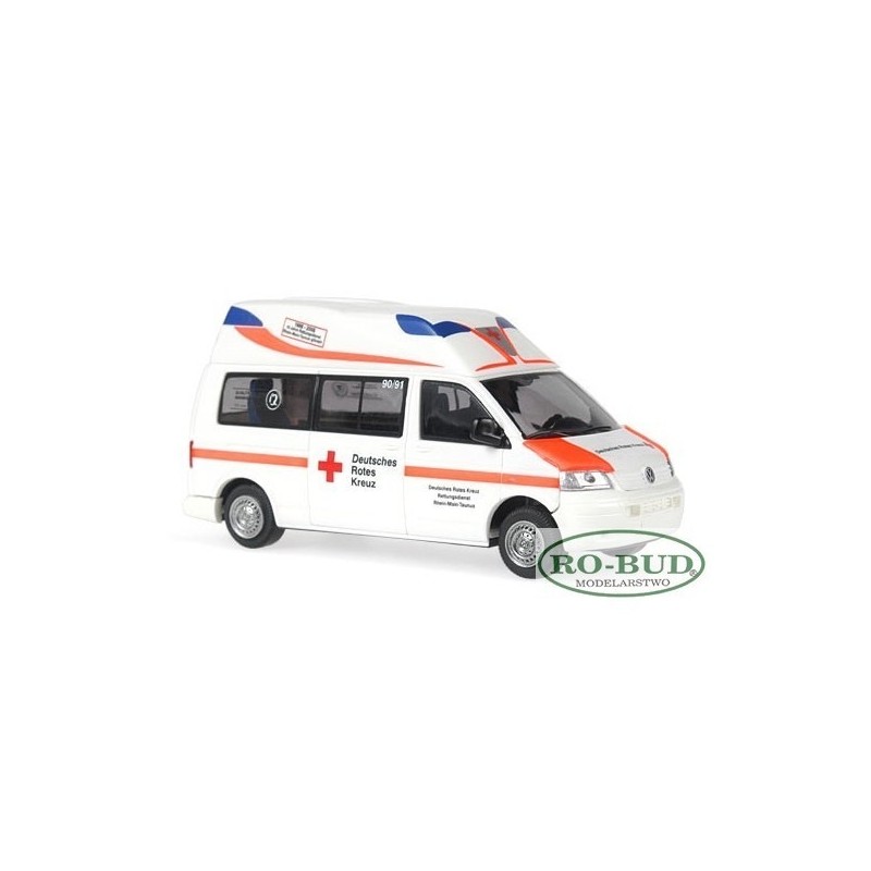 Model ambulansu VW T5, skala 1:87, RIETZE. Biały z pomarańczowymi i niebieskimi pasami, czerwonym krzyżem oraz napisem "Deutsche