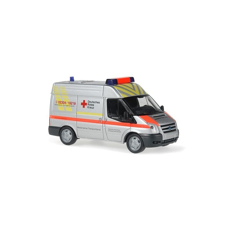 Model redukcyjny Ford Transit DRK Schwerte, skala 1:87, srebrny z pomarańczowymi pasami, logo Czerwonego Krzyża.