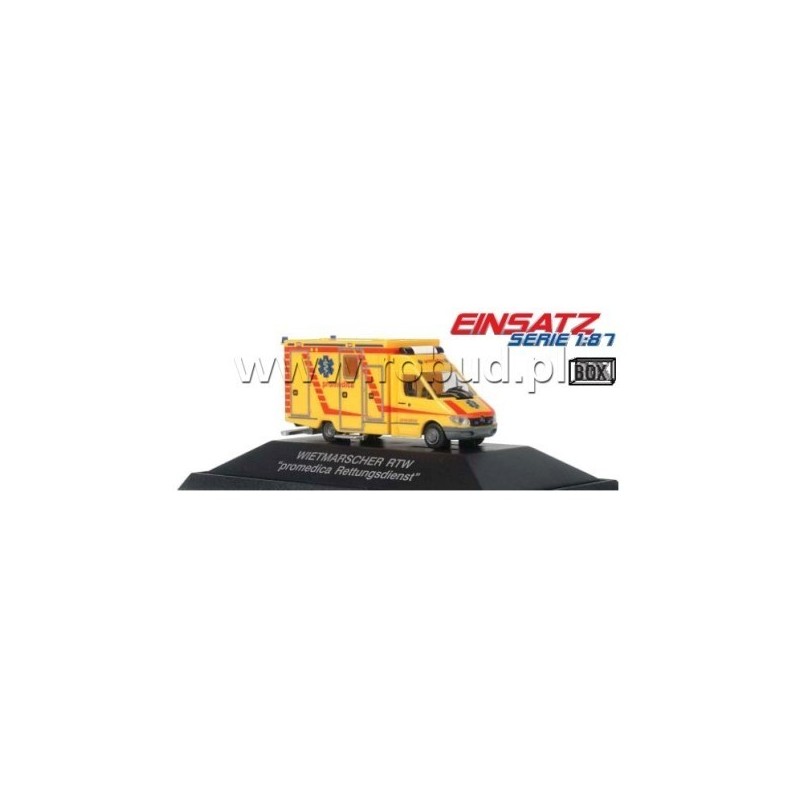 Model redukcyjny karetki MB Sprinter RTW "Promedica Rettungsdienst Westerholt", skala 1:87, Einsatz Serie. Żółto-czerwone malowa