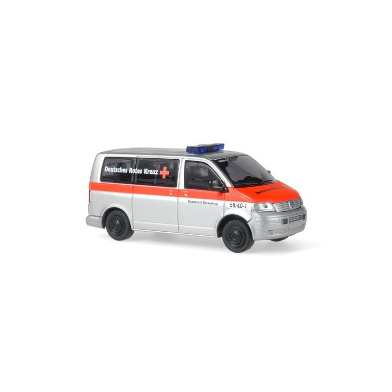Model redukcyjny VW T5 karetka, skala 1:87, Rietze. Srebro-czerwony, lampy błyskowe, napis Deutsches Rotes Kreuz.