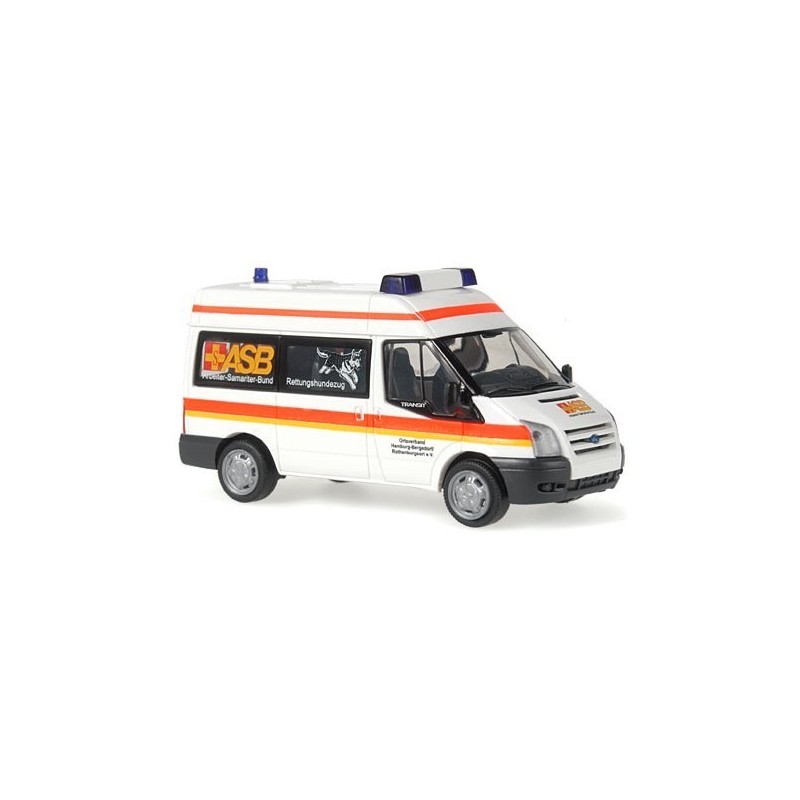 Model redukcyjny autobusu ORD Transit MD Bus Mod. 2006 "ASB Hamburg-Bergedorf", skala 1:87. Biały, z pomarańczowymi i czerwonymi