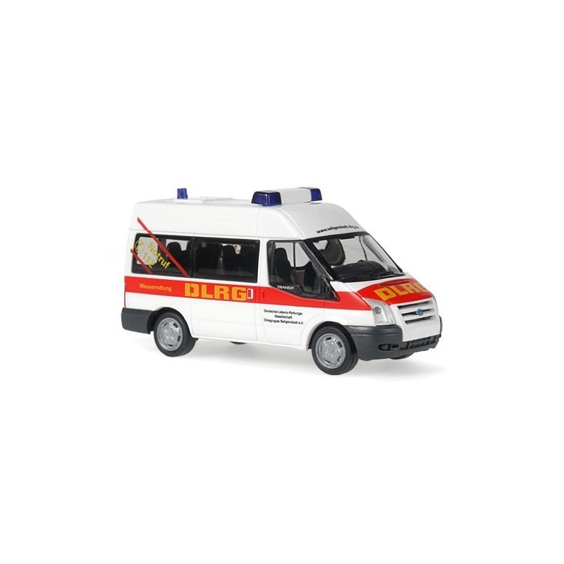 Model redukcyjny FORD Transit MD Bus "DLRG Seligenstadt", skala 1:87, biały z czerwonymi paskami i napisem DLRG.