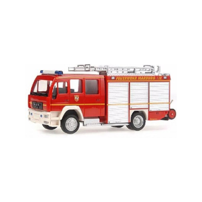 Model redukcyjny SCHLINGMANN HTLF 16 MAN Feuerwehr Marburg, skala 1:87, czerwony samochód strażacki.