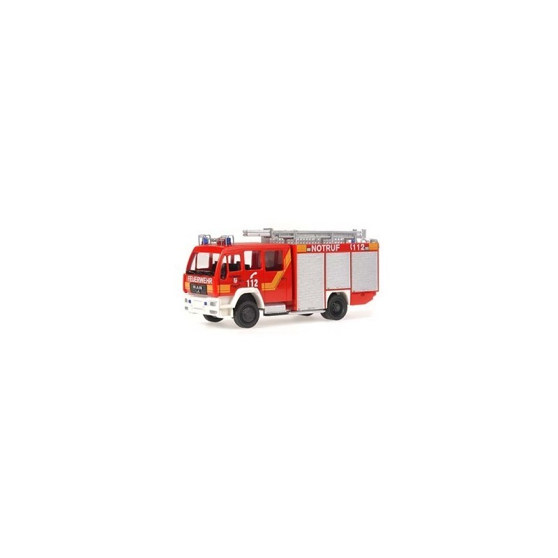 Model pożarniczy SCHLINGMANN LF 16/12 MAN, skala 1:87, czerwony z napisem "112" i logo Feuerwehr.