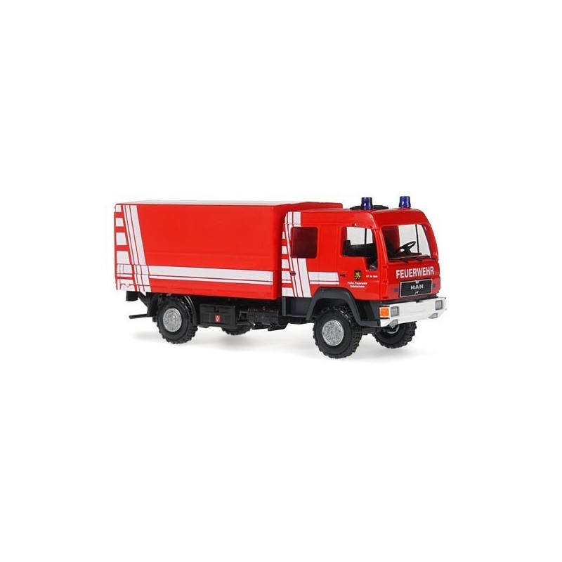 Model redukcyjny MAN LE 10.180 Doka P/P Feuerwehr Schriesheim, skala 1:87, czerwony samochód strażacki.