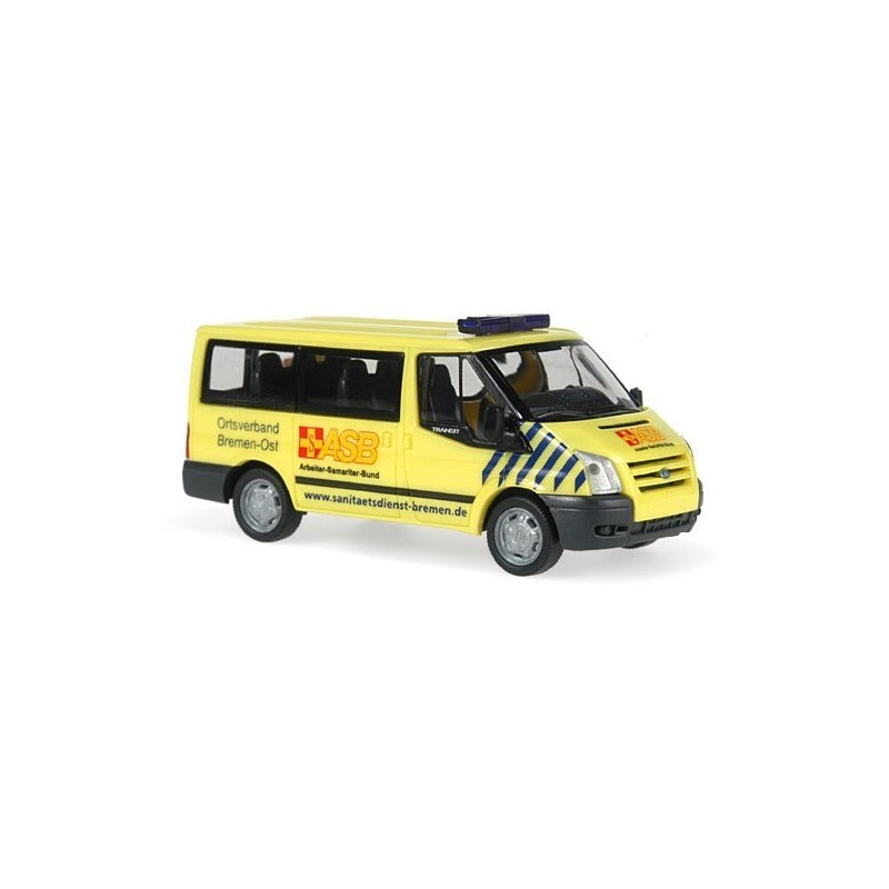 Model redukcyjny FORD Transit Bus "ASB OV Bremen-Ost", skala 1:87, żółty z niebieskimi pasami, logo ASB.