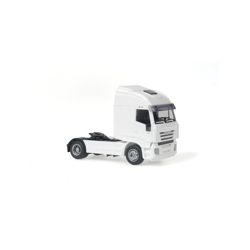 Model redukcyjny IVECO Stralis, skala 1:87, Rietze. Biały ciągnik siodłowy.